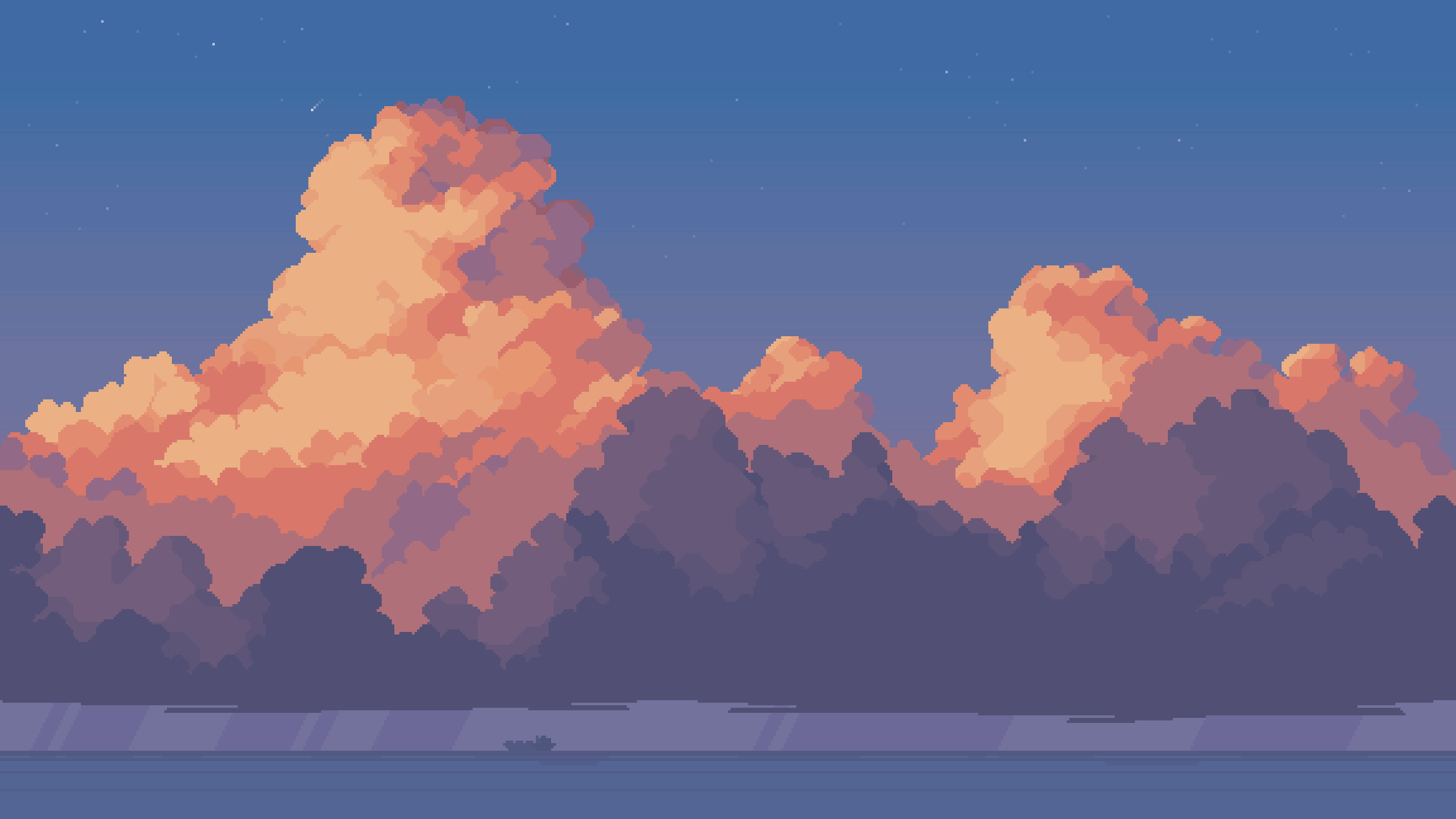 Pixelated sunset behind clouds